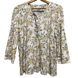 J. Jill Crmarybtnl Floral Cotton Long Sleeve Top Medium Blue/Yellow Flowers